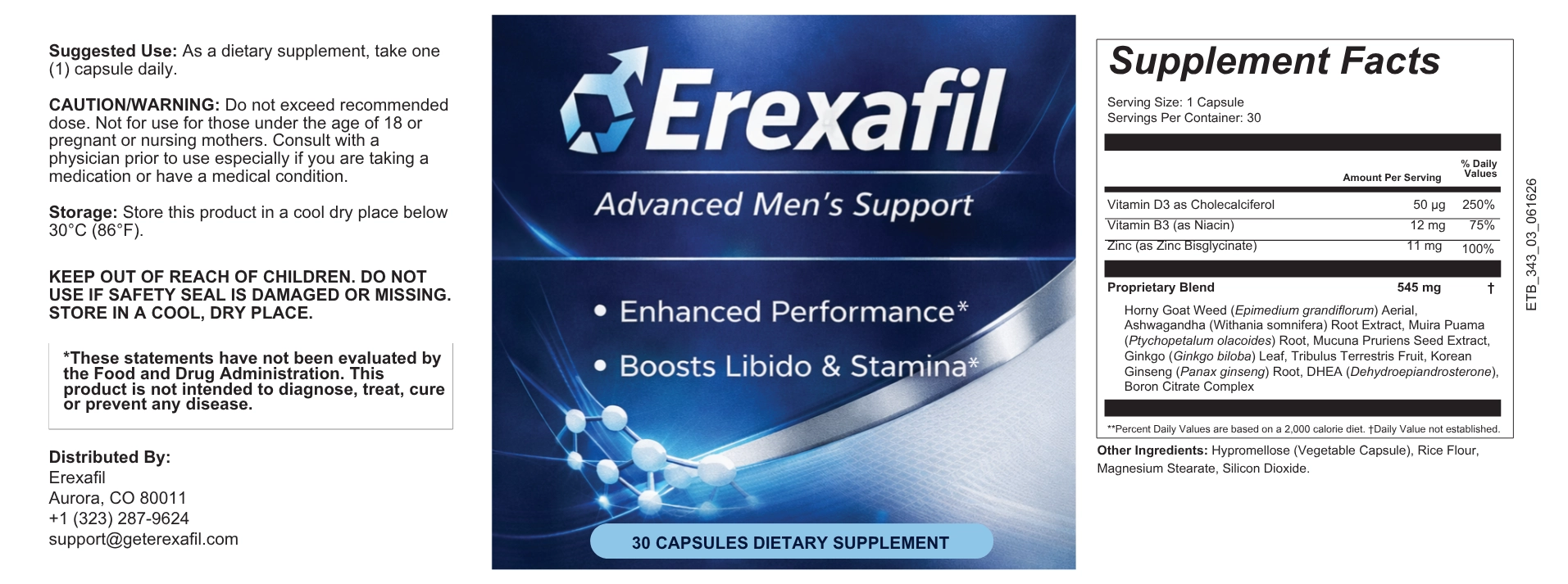 Erexafil supplement facts label – 12-ingredient men's vitality and stamina formula
