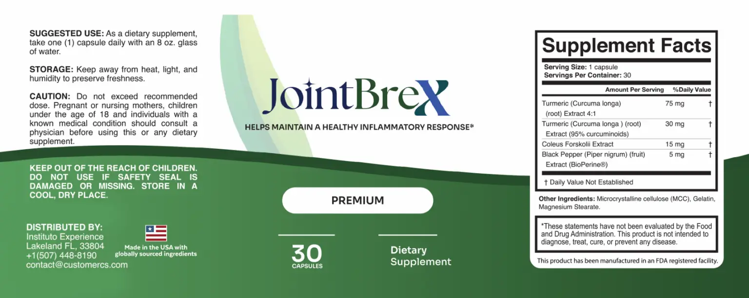 JointBrex supplement facts – glucosamine, boswellia, turmeric and collagen joint formula