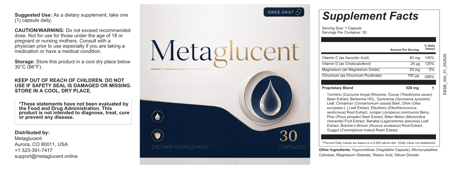 MetaGlucent supplement facts label – blood sugar support ingredients formula