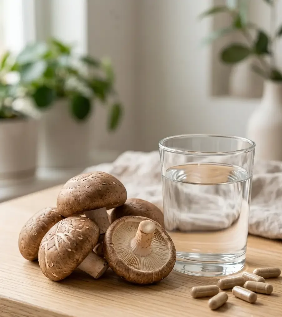 Mushroom supplement capsules next to a glass of water on a natural wood surface for heart health support