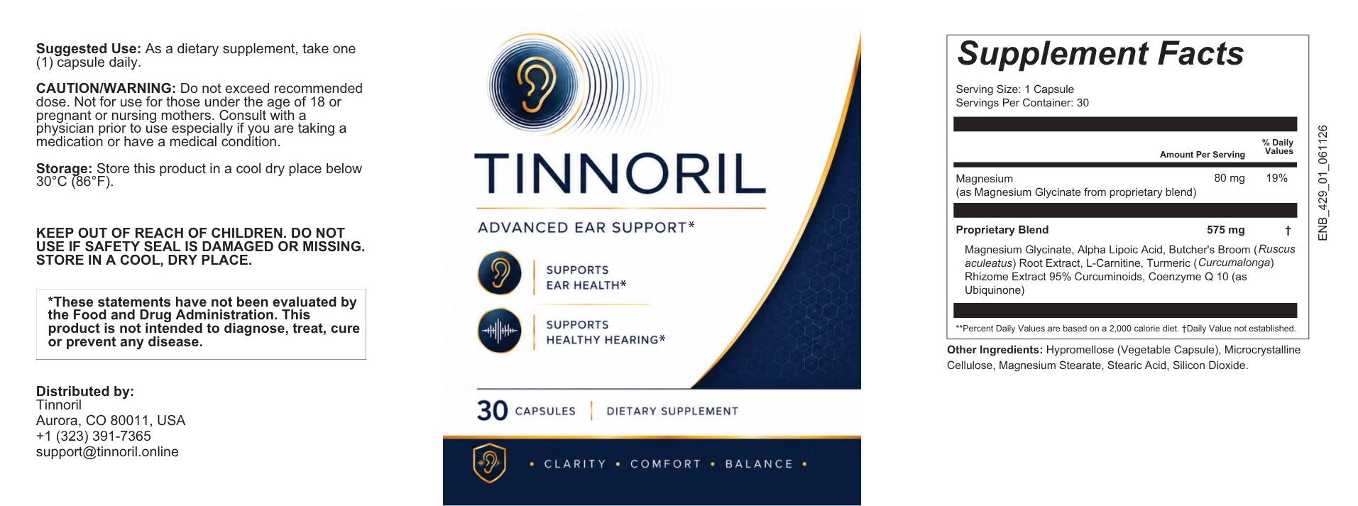 Tinnoril supplement facts – magnesium, alpha lipoic acid, CoQ10 ear health formula