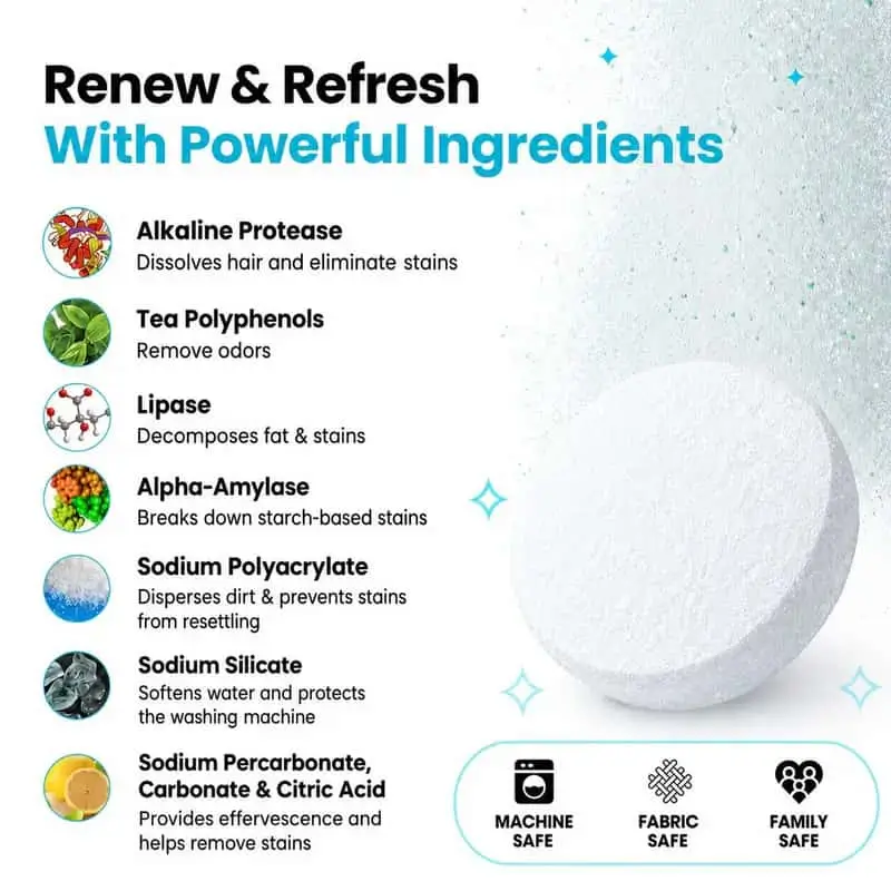 OdorCrush tablet dissolving in washing machine drum – active-oxygen deep cleaning cycle in progress