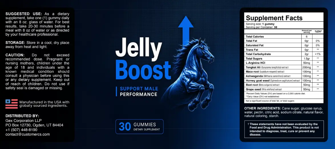 JellyBoost supplement facts label – Tongkat Ali, Maca Root, Ashwagandha, L-Arginine and herbal blend ingredients