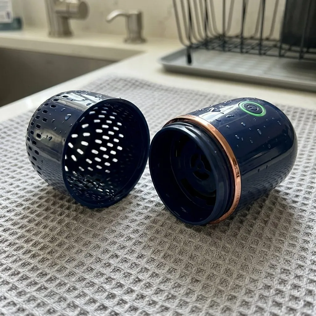 PodBloom in use – cleaning fresh produce with OH-ion technology in a kitchen bowl