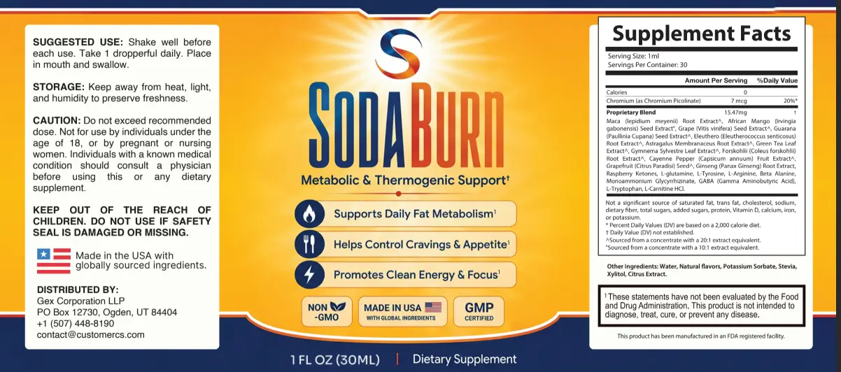 SodaBurn product label and packaging – liquid metabolic support supplement by SodaBurn Labs