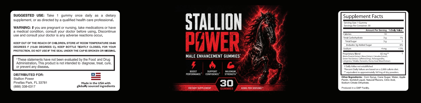 Stallion Power supplement facts label – Muira Puama, Maca, Ashwagandha, L-Arginine and herbal blend