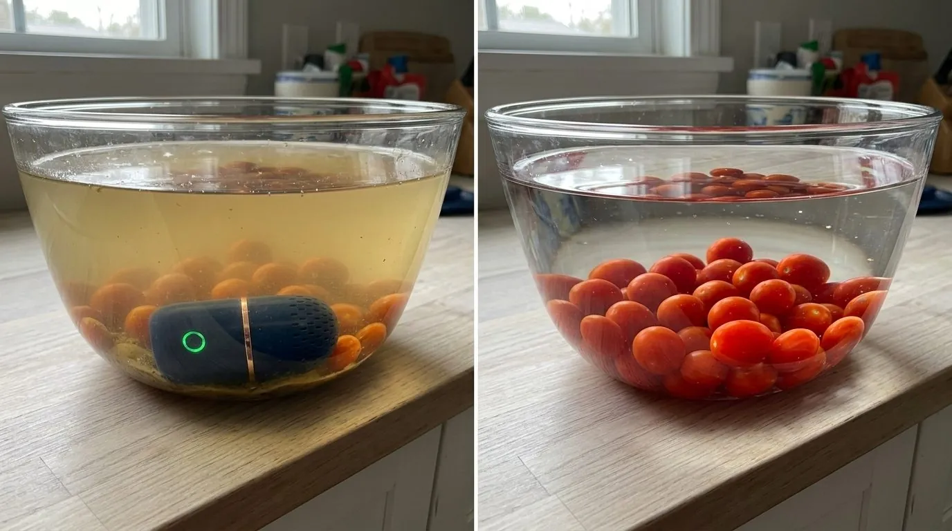 PodBloom before and after – murky wash water showing removed pesticide residue and wax