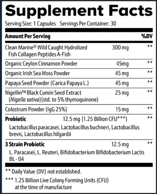 GutSave supplement facts – collagen, lion's mane, probiotics and digestive support formula