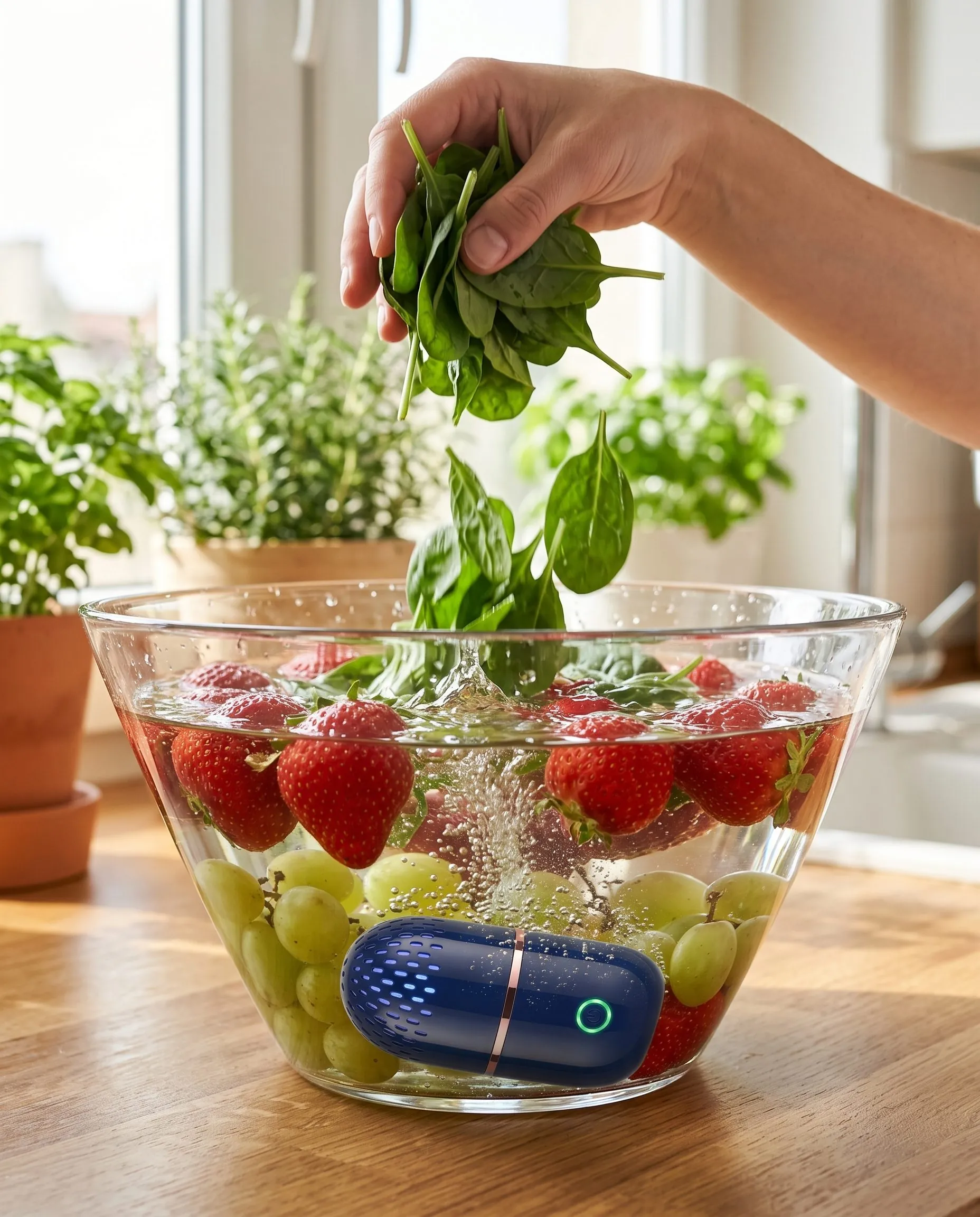 PodBloom produce cleaner on kitchen counter – portable fruit and vegetable purifier