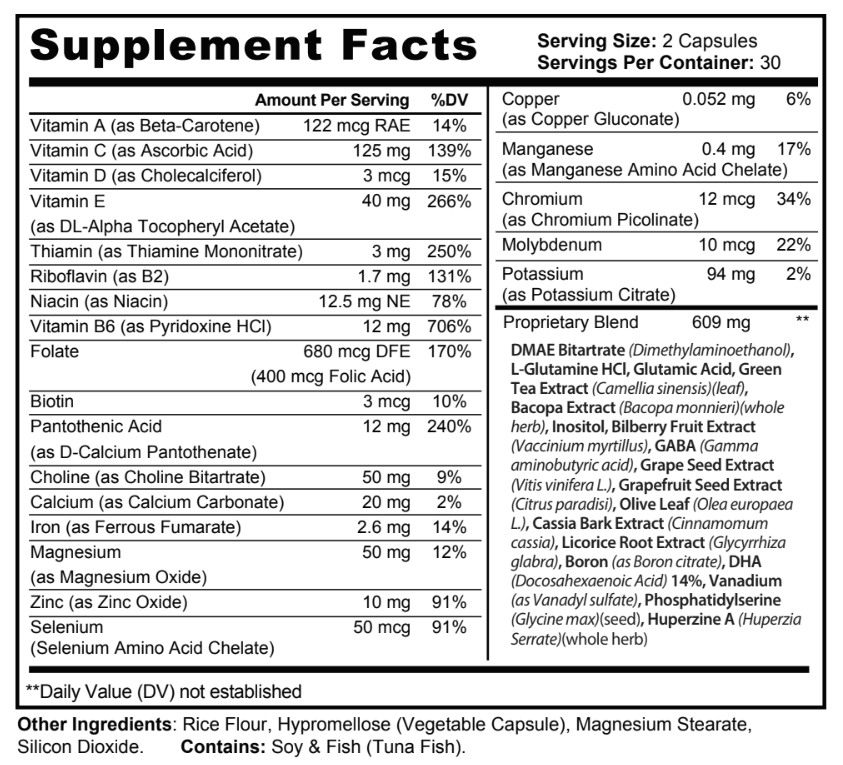 Neuro Plus supplement facts label – 609mg nootropic blend with Bacopa, DMAE, Huperzine A, DHA and B-vitamins