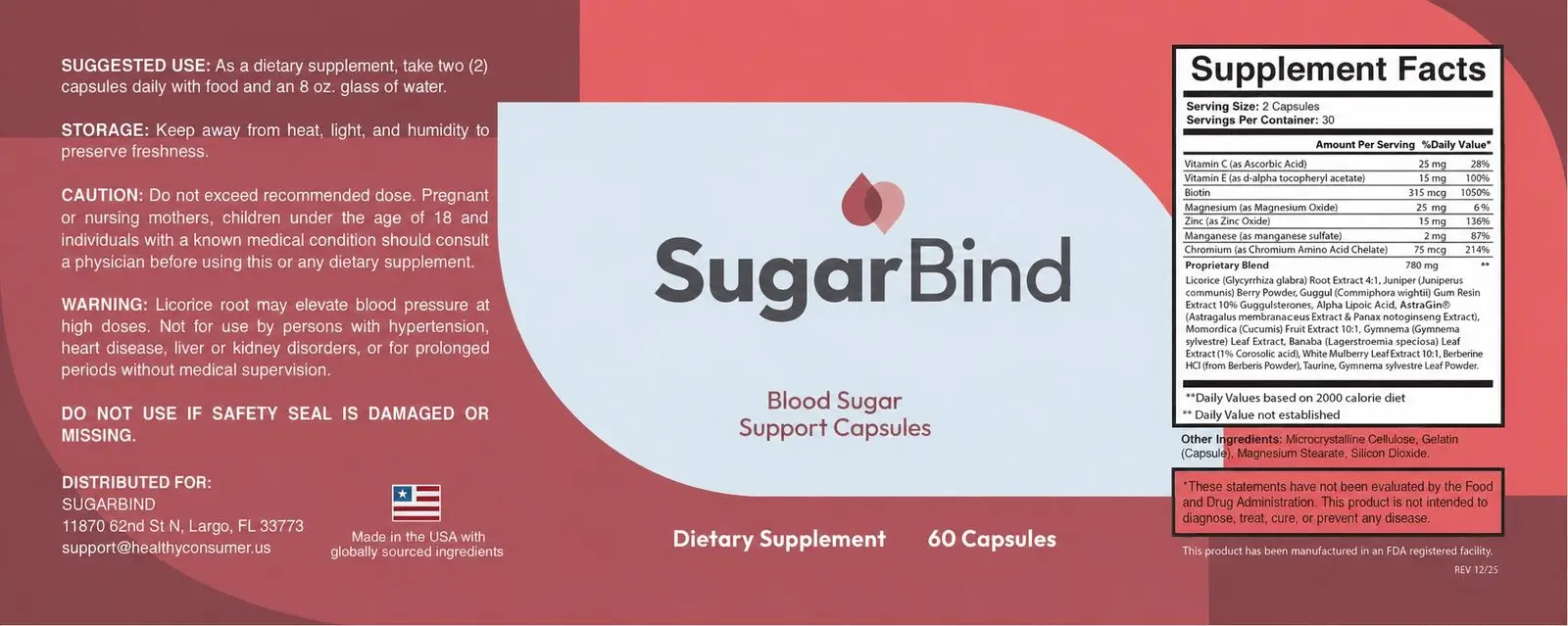 SugarBind supplement facts label – Chromium, Gymnema Sylvestre, Alpha Lipoic Acid, Cinnamon Bark and metabolic support blend