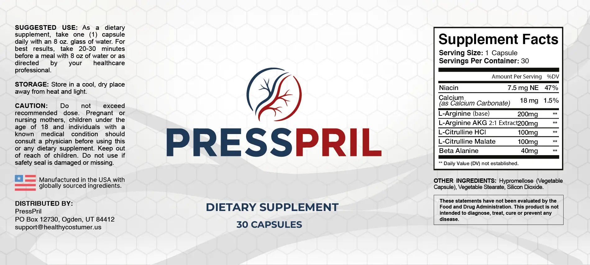 PressPril supplement facts label – L-Arginine, L-Citrulline HCl, L-Citrulline Malate, Beta Alanine and Niacin